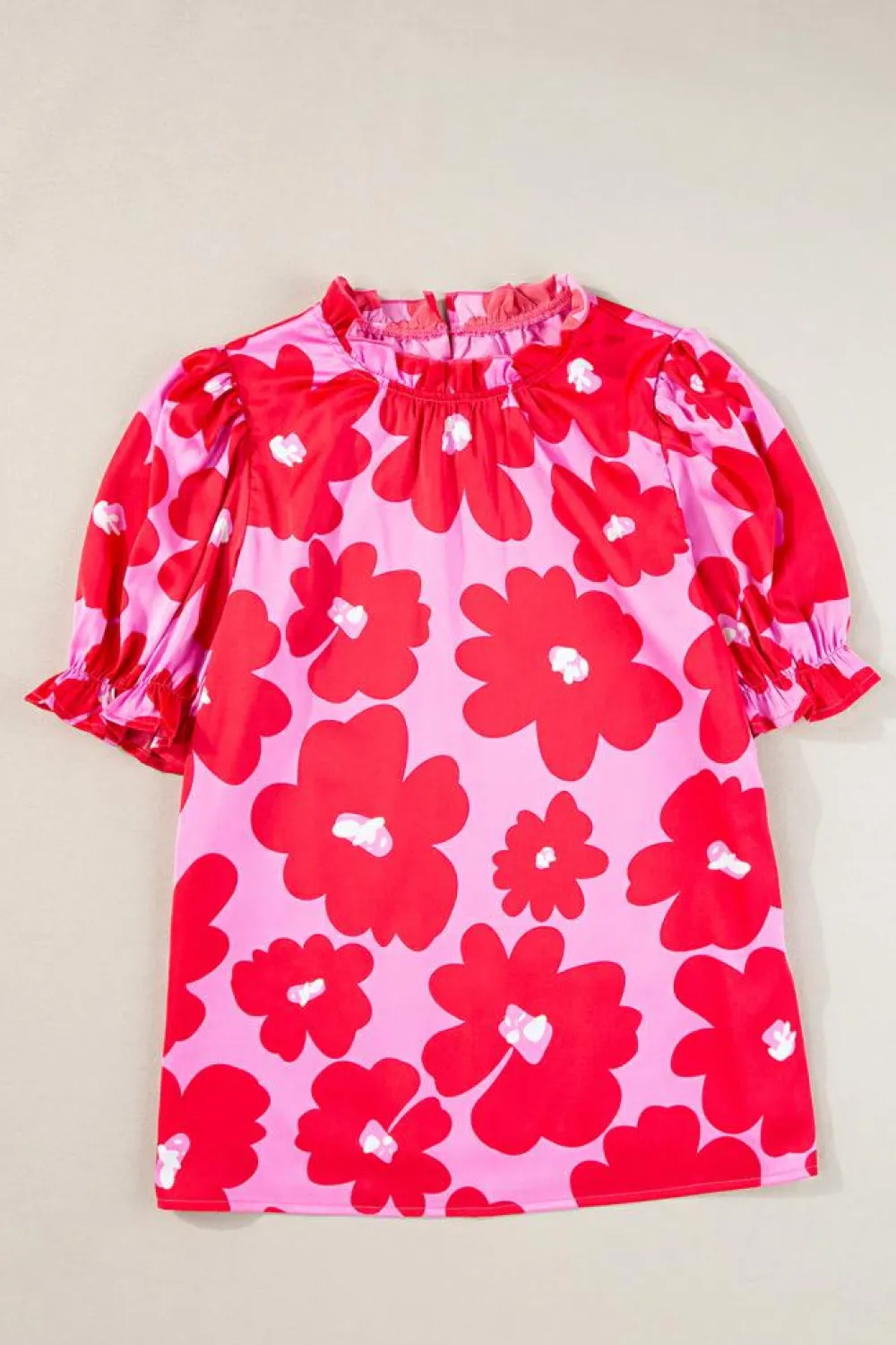 Hot Dear-Lover Floral Puff Sleeve Frill Neckline Blouse Rose
