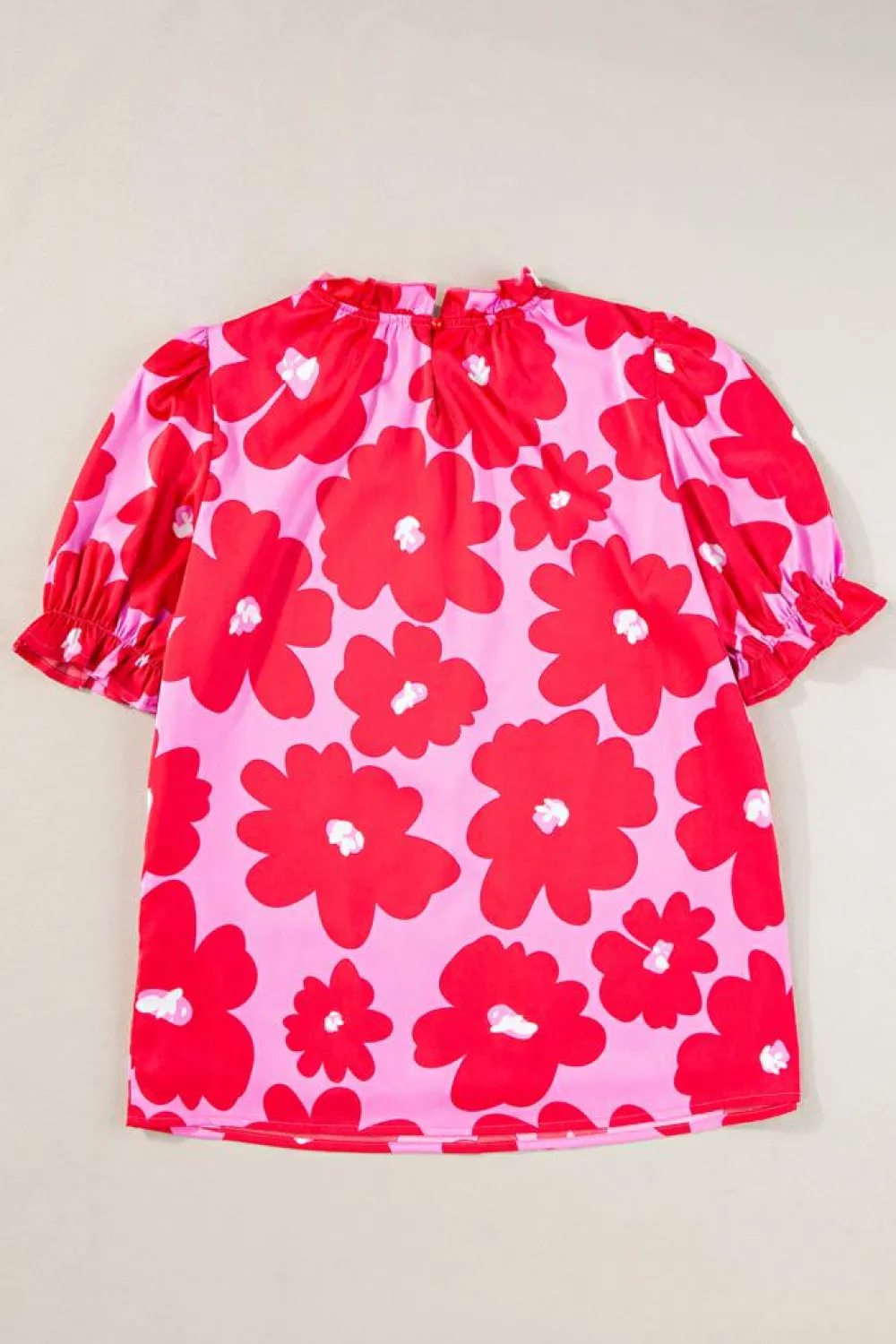 Hot Dear-Lover Floral Puff Sleeve Frill Neckline Blouse Rose