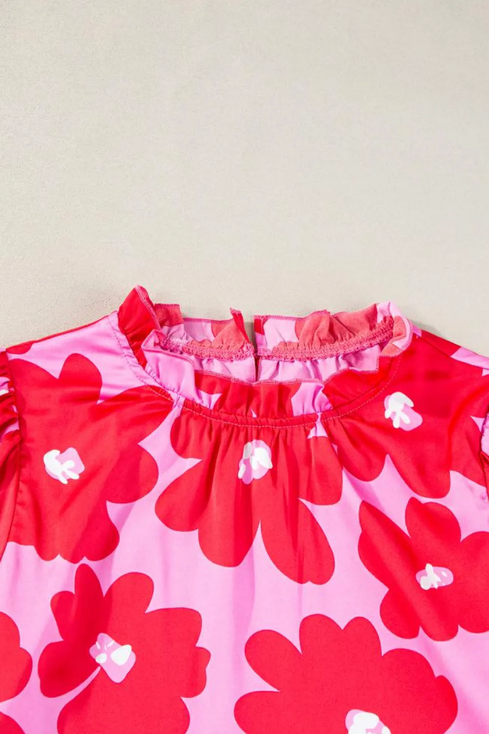 Hot Dear-Lover Floral Puff Sleeve Frill Neckline Blouse Rose