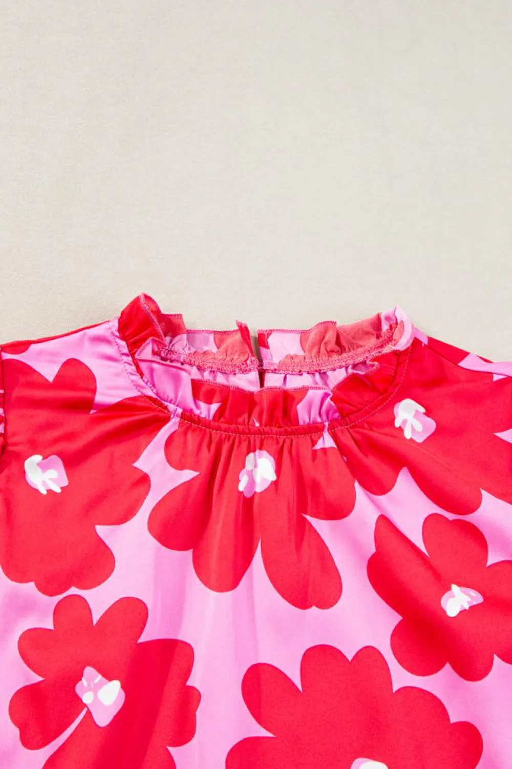 Hot Dear-Lover Floral Puff Sleeve Frill Neckline Blouse Rose