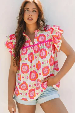 Online Dear-Lover Floral Ruffled Sleeve Ric-rac Trim Split Neck Loose Blouse Rose