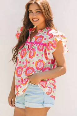Online Dear-Lover Floral Ruffled Sleeve Ric-rac Trim Split Neck Loose Blouse Rose