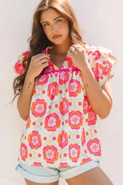 Online Dear-Lover Floral Ruffled Sleeve Ric-rac Trim Split Neck Loose Blouse Rose