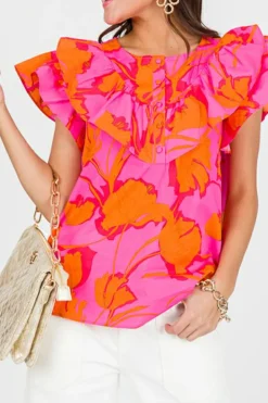 Outlet Dear-Lover Floral Ruffled Trim Flutter Sleeve Summer Top Rose