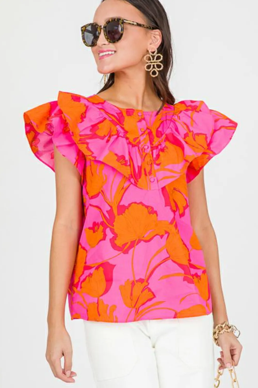 Outlet Dear-Lover Floral Ruffled Trim Flutter Sleeve Summer Top Rose