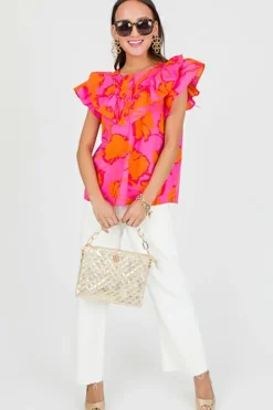 Outlet Dear-Lover Floral Ruffled Trim Flutter Sleeve Summer Top Rose