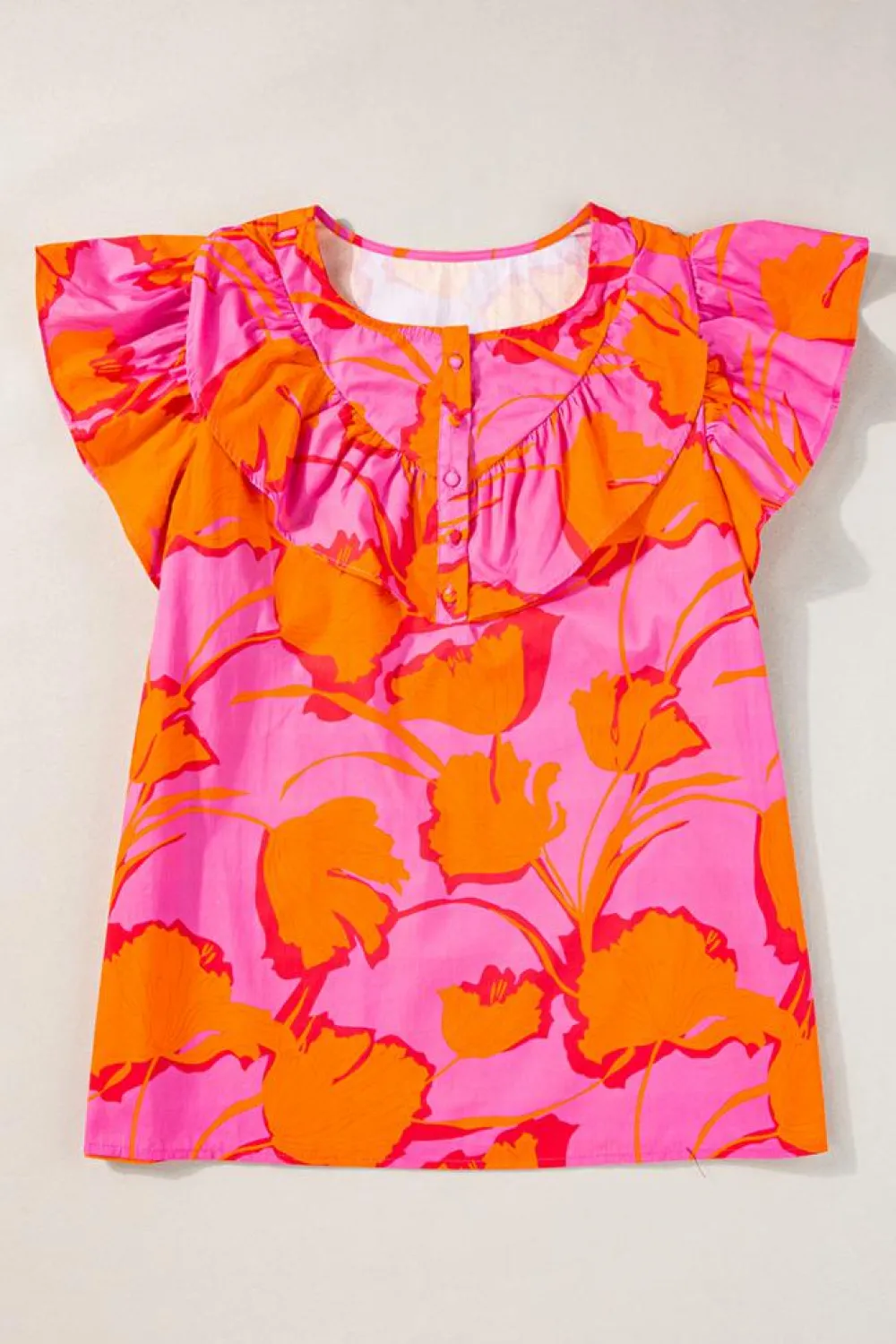 Outlet Dear-Lover Floral Ruffled Trim Flutter Sleeve Summer Top Rose