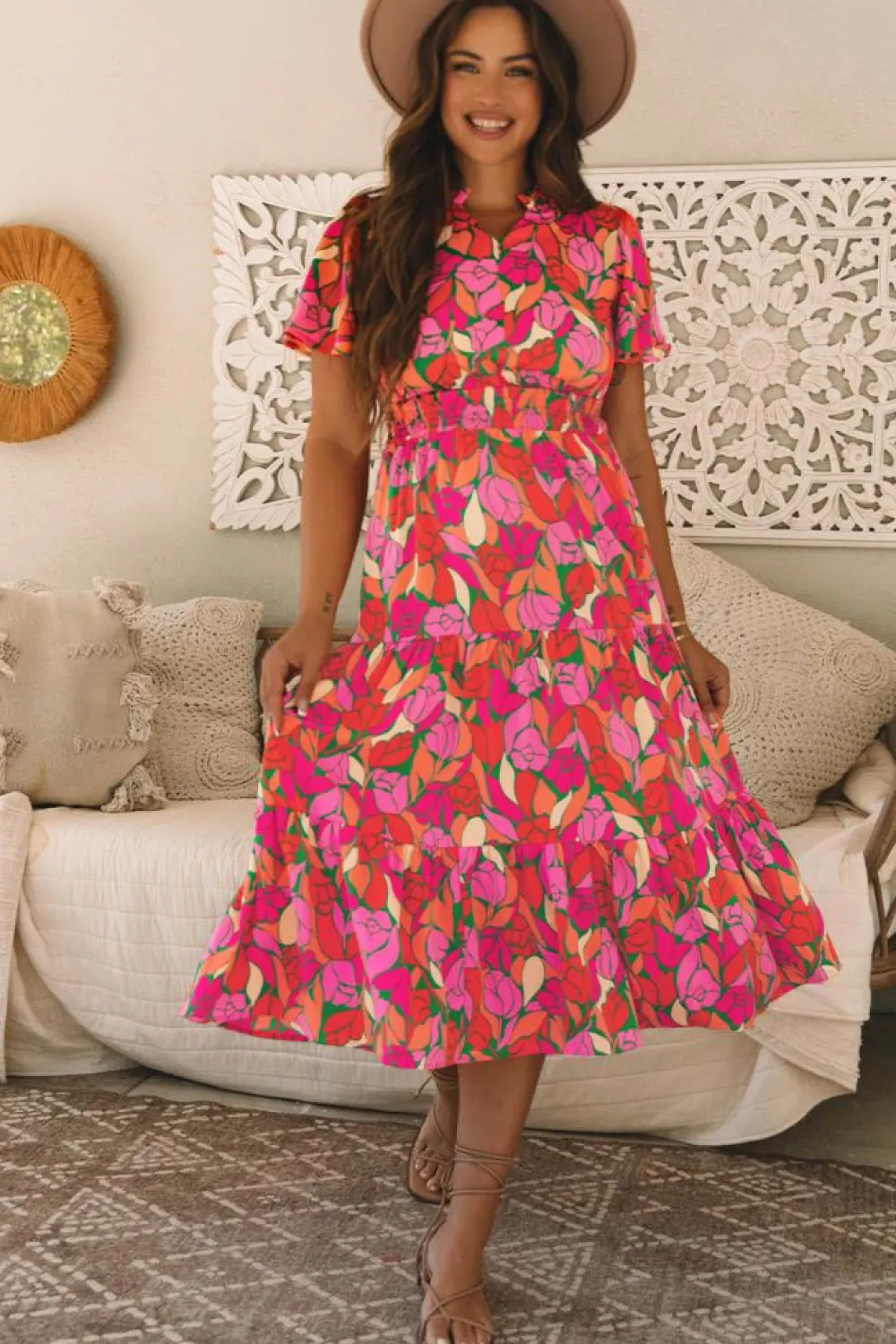 Best Dear-Lover Floral Short Sleeve Smocked Waist Maxi dress Rose