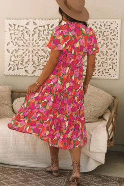 Best Dear-Lover Floral Short Sleeve Smocked Waist Maxi dress Rose