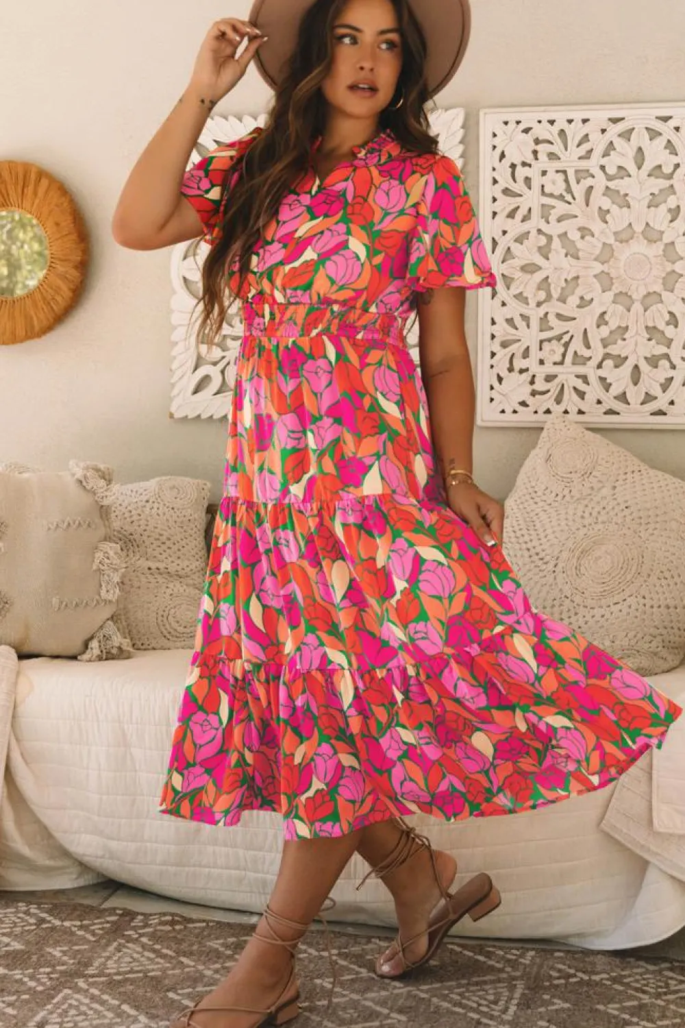 Best Dear-Lover Floral Short Sleeve Smocked Waist Maxi dress Rose