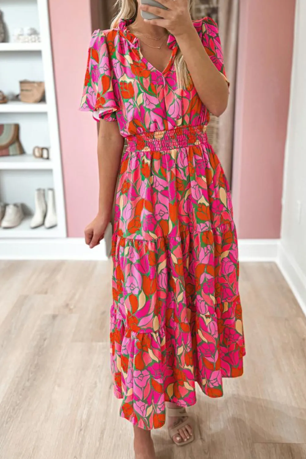 Best Dear-Lover Floral Short Sleeve Smocked Waist Maxi dress Rose