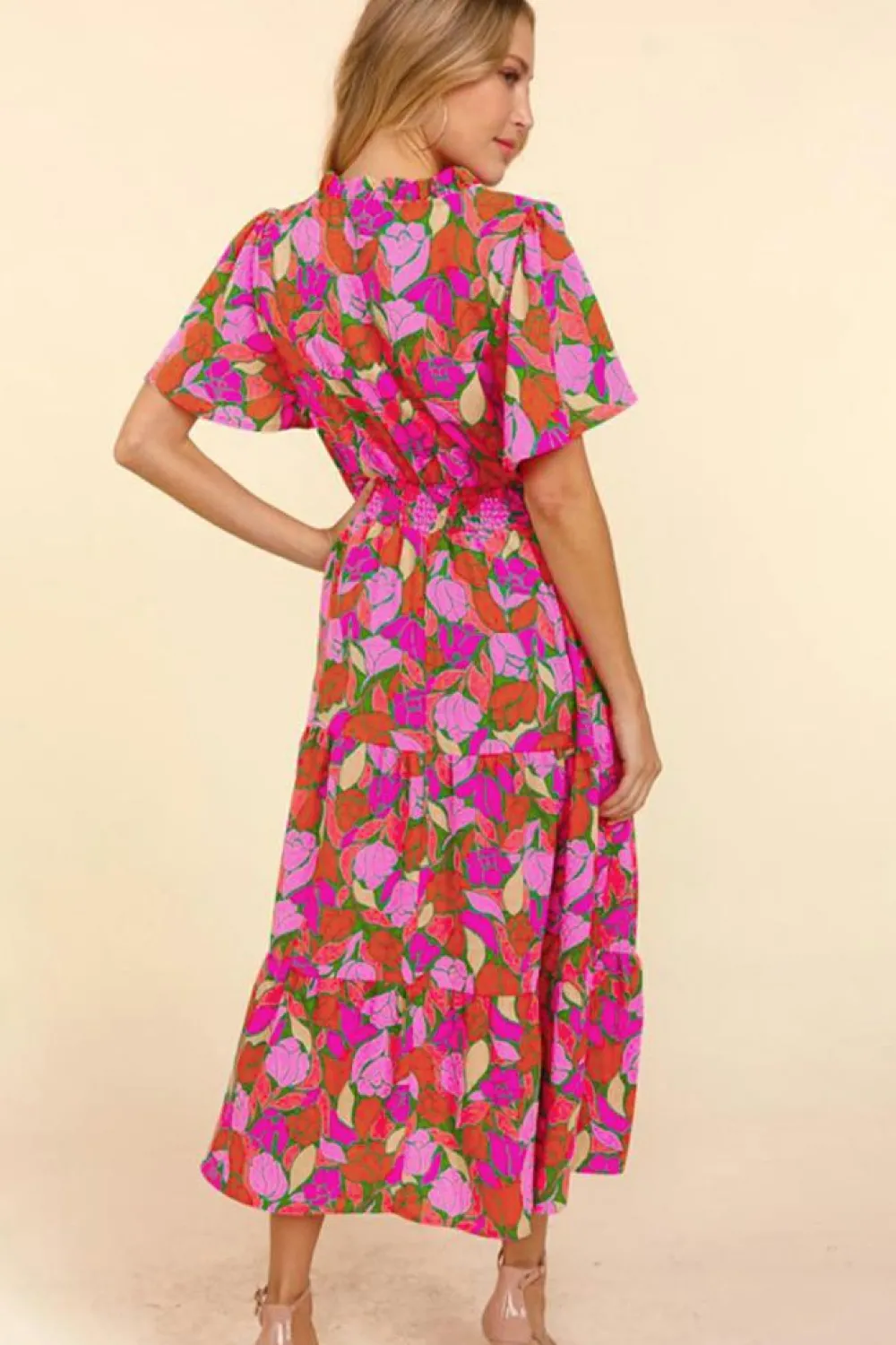 Best Dear-Lover Floral Short Sleeve Smocked Waist Maxi dress Rose