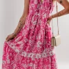 Sale Dear-Lover Floral Sleeveless Tasseled Lace-up Neck Tiered Midi Dress Rose