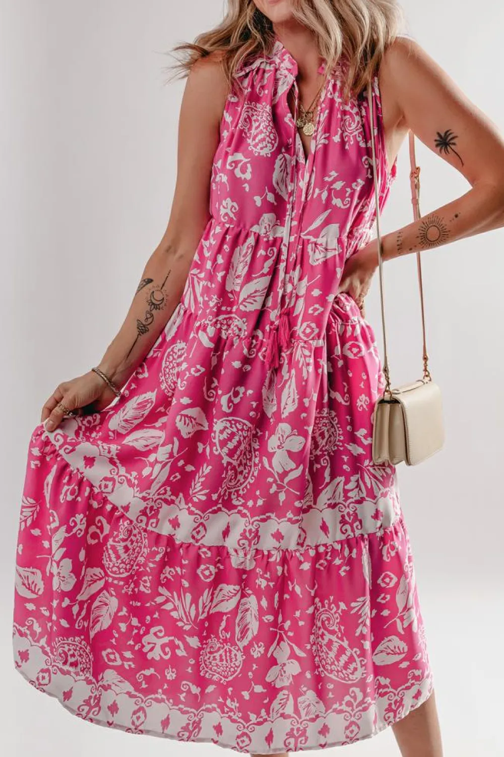 Sale Dear-Lover Floral Sleeveless Tasseled Lace-up Neck Tiered Midi Dress Rose