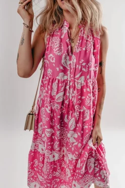 Sale Dear-Lover Floral Sleeveless Tasseled Lace-up Neck Tiered Midi Dress Rose