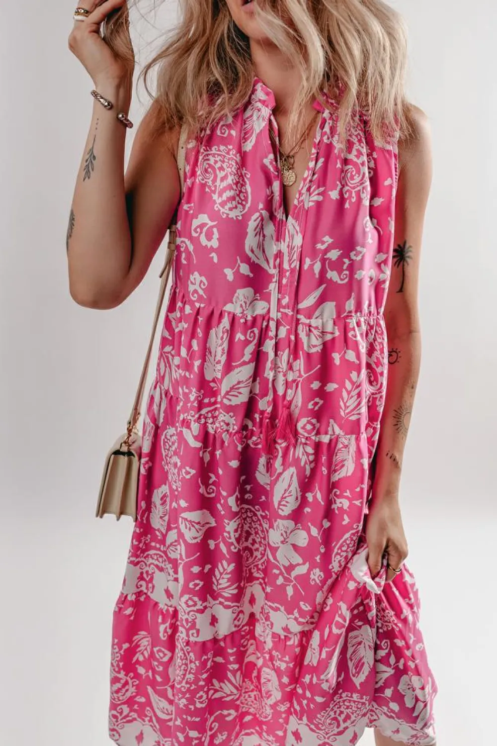 Sale Dear-Lover Floral Sleeveless Tasseled Lace-up Neck Tiered Midi Dress Rose