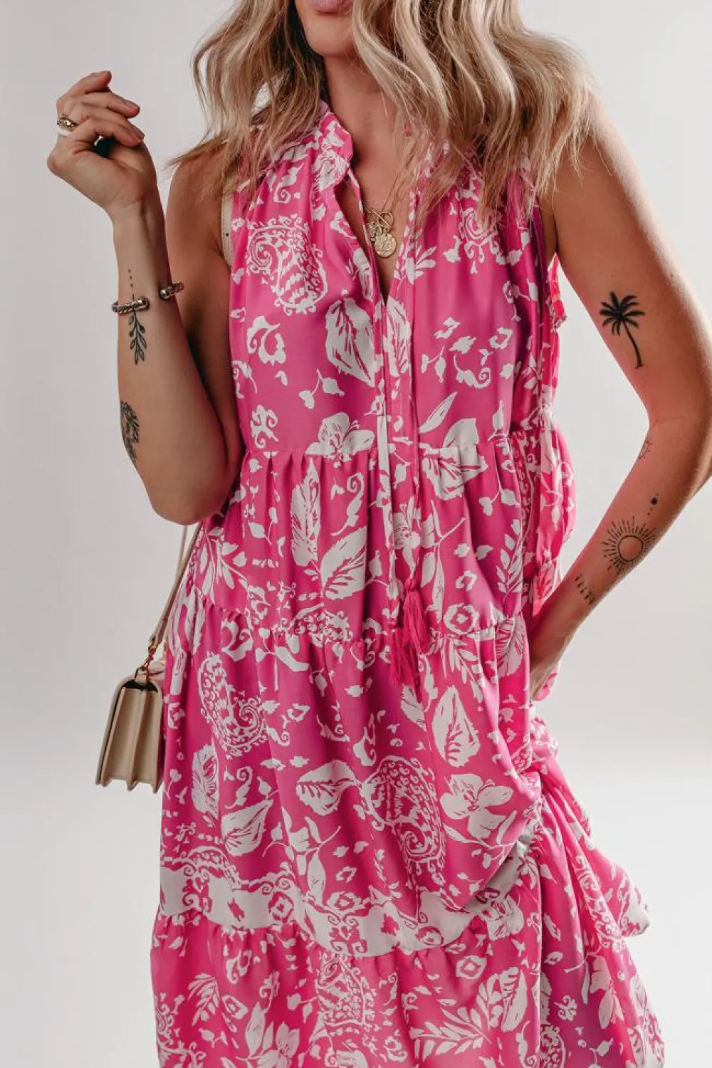 Sale Dear-Lover Floral Sleeveless Tasseled Lace-up Neck Tiered Midi Dress Rose