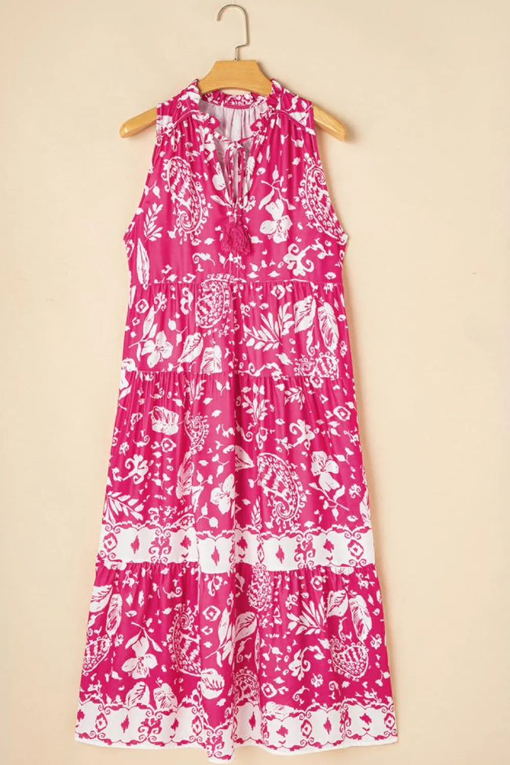 Sale Dear-Lover Floral Sleeveless Tasseled Lace-up Neck Tiered Midi Dress Rose