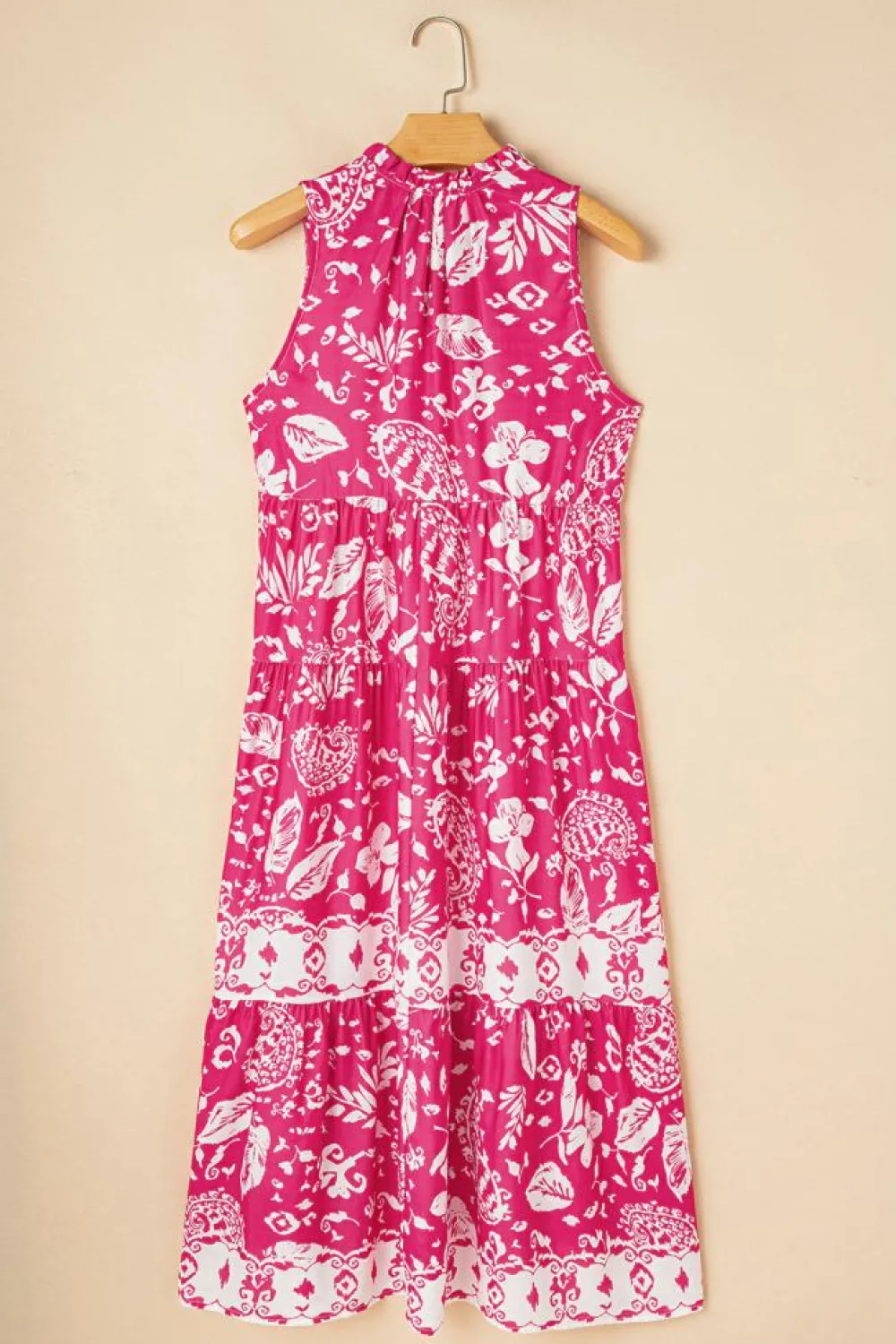 Sale Dear-Lover Floral Sleeveless Tasseled Lace-up Neck Tiered Midi Dress Rose