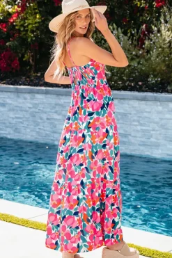 New Dear-Lover Floral Twisted Smocked Back Tiered Maxi Dress Rose