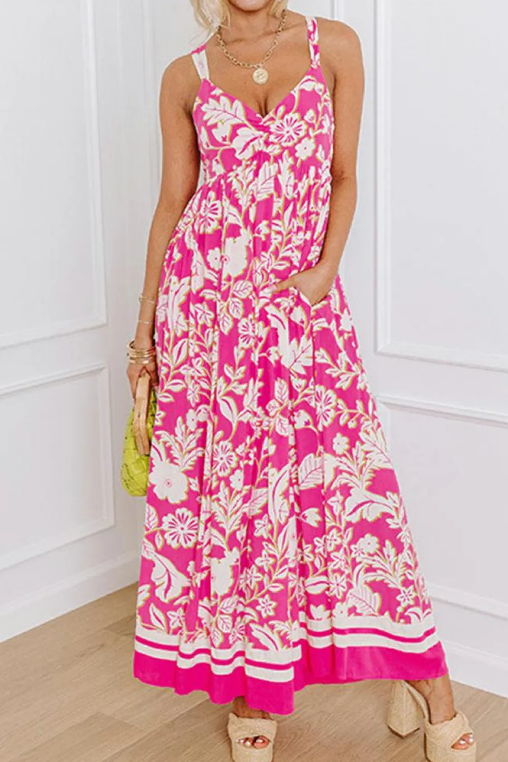 Clearance Dear-Lover Floral V Neck Crisscross Backless Maxi Dress Rose