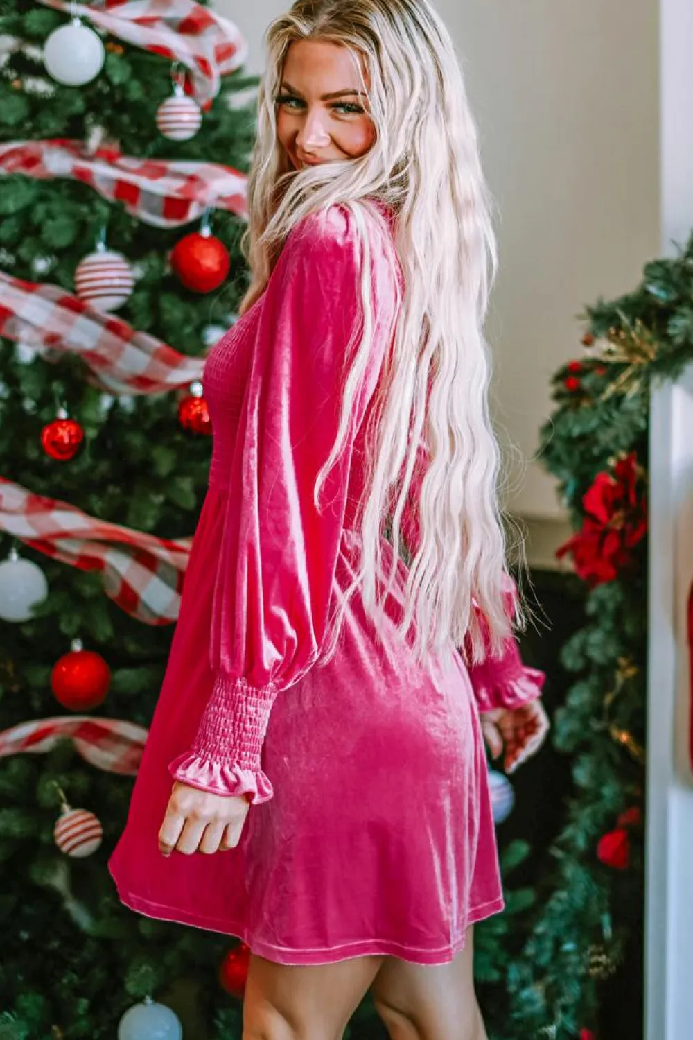 Best Dear-Lover Rose Frilled Neck Smocked Bodice Velvet Dress Rose Red