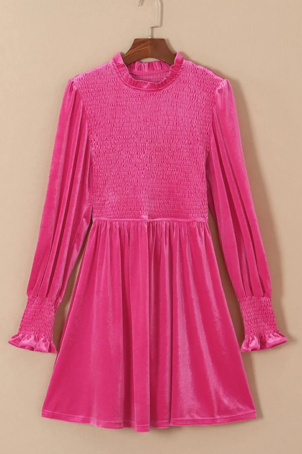 Best Dear-Lover Rose Frilled Neck Smocked Bodice Velvet Dress Rose Red