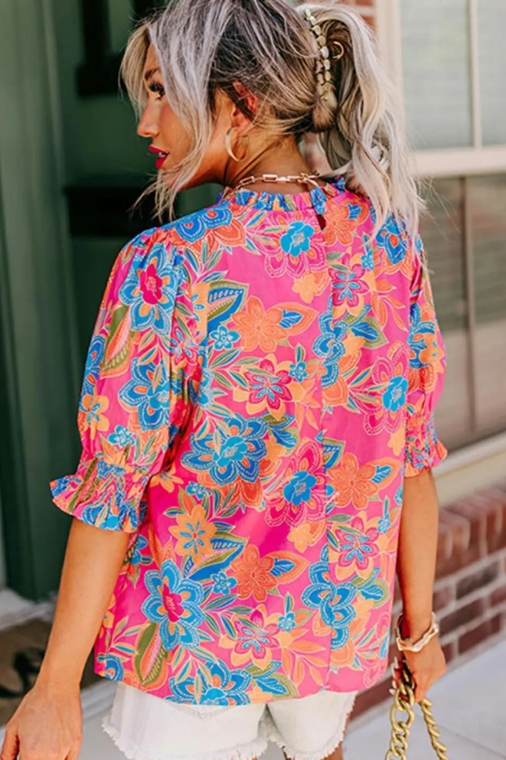 Best Dear-Lover Frilly Mock Neck Short Puff Sleeve Floral Blouse Rose