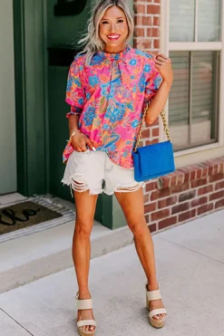 Best Dear-Lover Frilly Mock Neck Short Puff Sleeve Floral Blouse Rose
