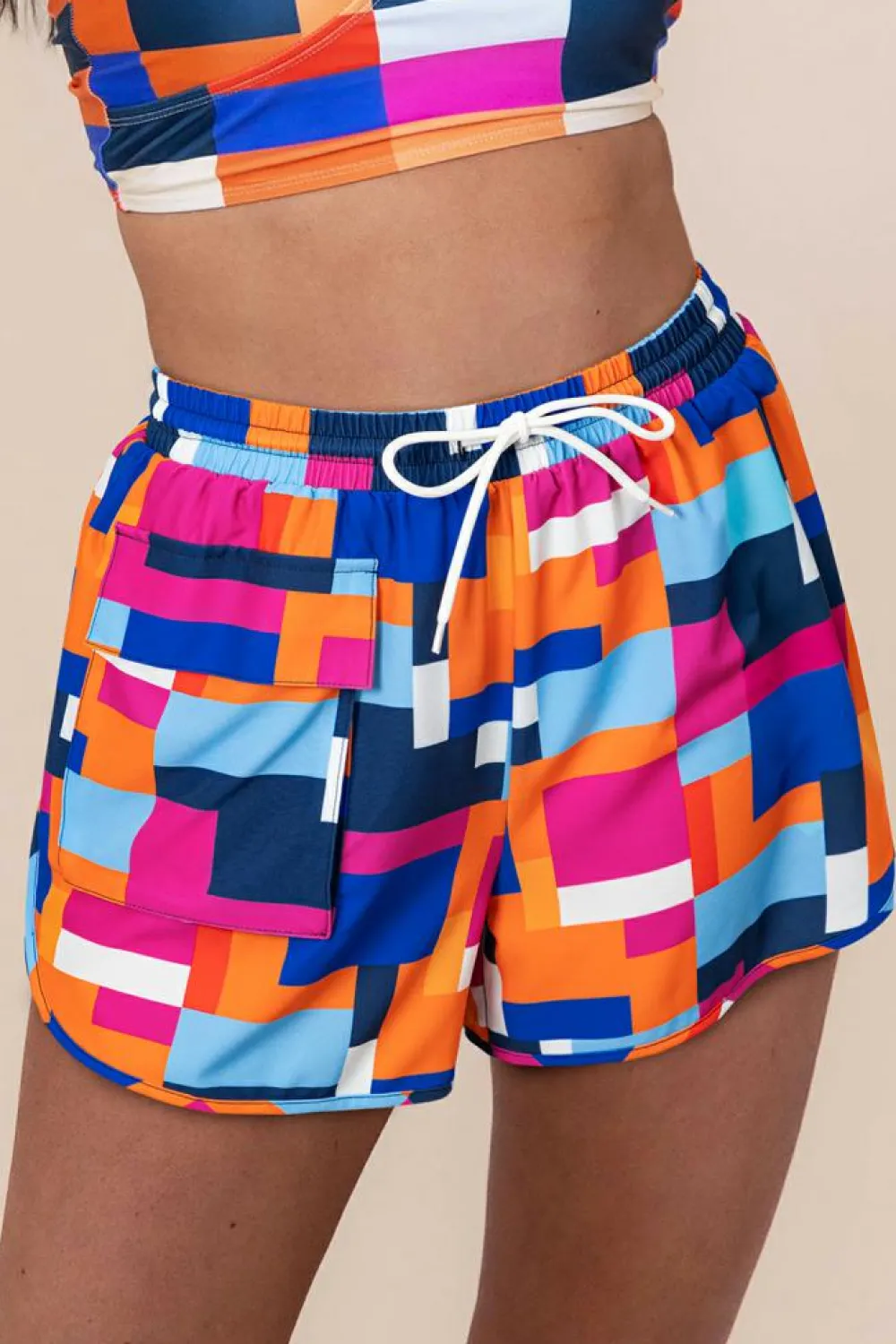 Online Dear-Lover Geometric Printed Drawstring Waist Beach Shorts with Pockets Rose