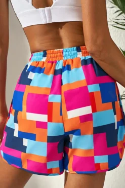 Online Dear-Lover Geometric Printed Drawstring Waist Beach Shorts with Pockets Rose