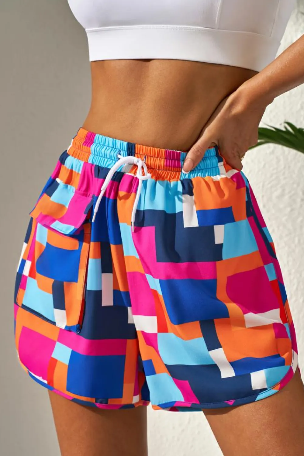 Online Dear-Lover Geometric Printed Drawstring Waist Beach Shorts with Pockets Rose