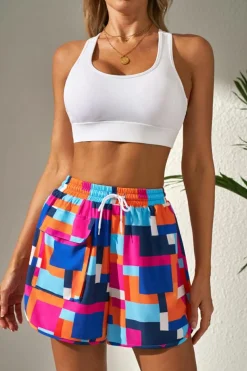 Online Dear-Lover Geometric Printed Drawstring Waist Beach Shorts with Pockets Rose