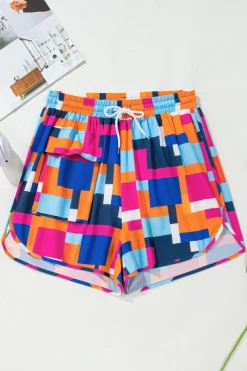 Online Dear-Lover Geometric Printed Drawstring Waist Beach Shorts with Pockets Rose