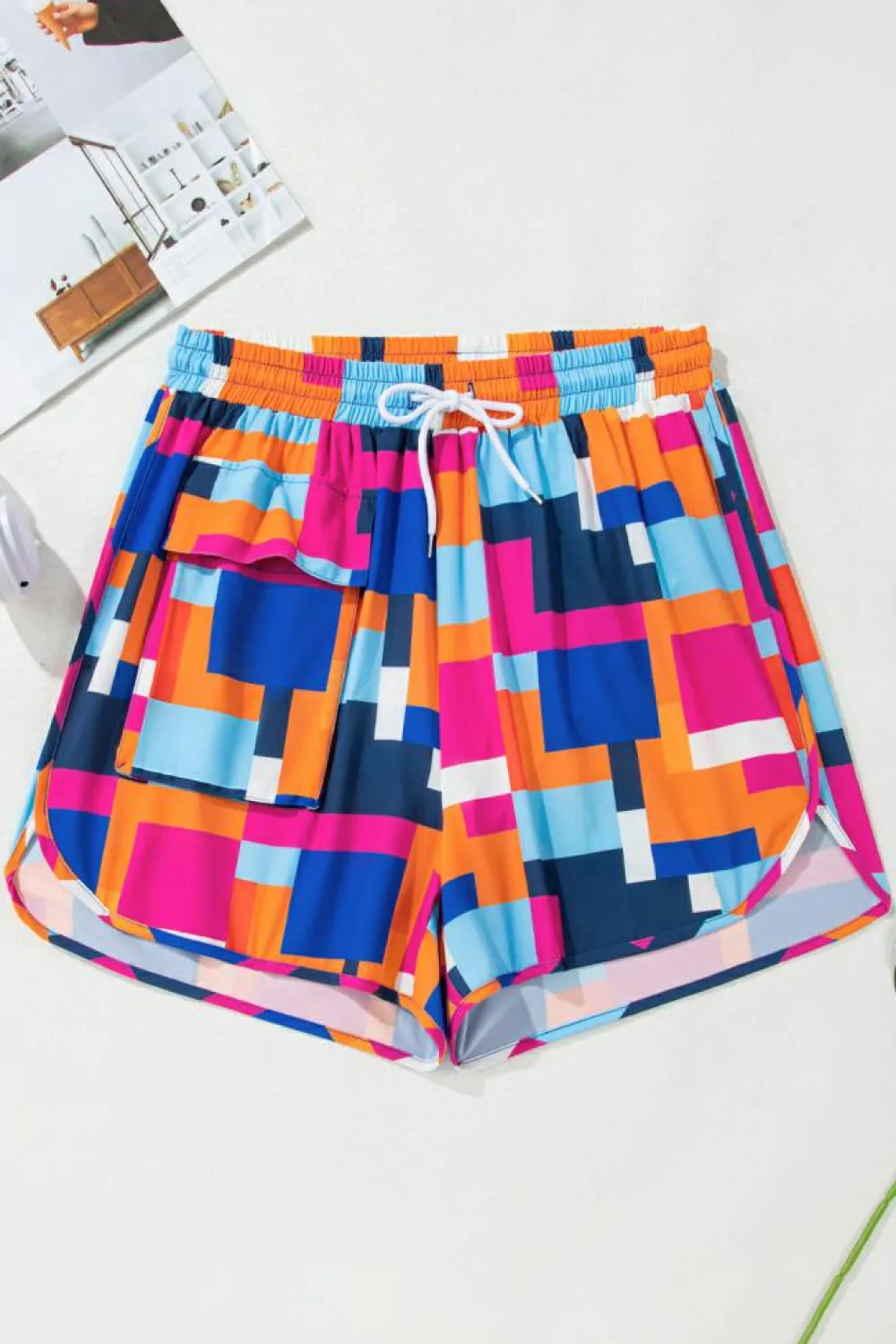 Online Dear-Lover Geometric Printed Drawstring Waist Beach Shorts with Pockets Rose