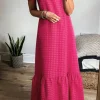 New Dear-Lover Ginham Check Bubble Sleeve Ruffled Maxi Dress Rose