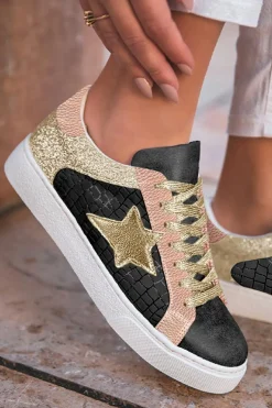 New Dear-Lover Glitter Star Patchwork PU Leather Lace-up Sneakers Rose Gold