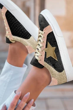New Dear-Lover Glitter Star Patchwork PU Leather Lace-up Sneakers Rose Gold