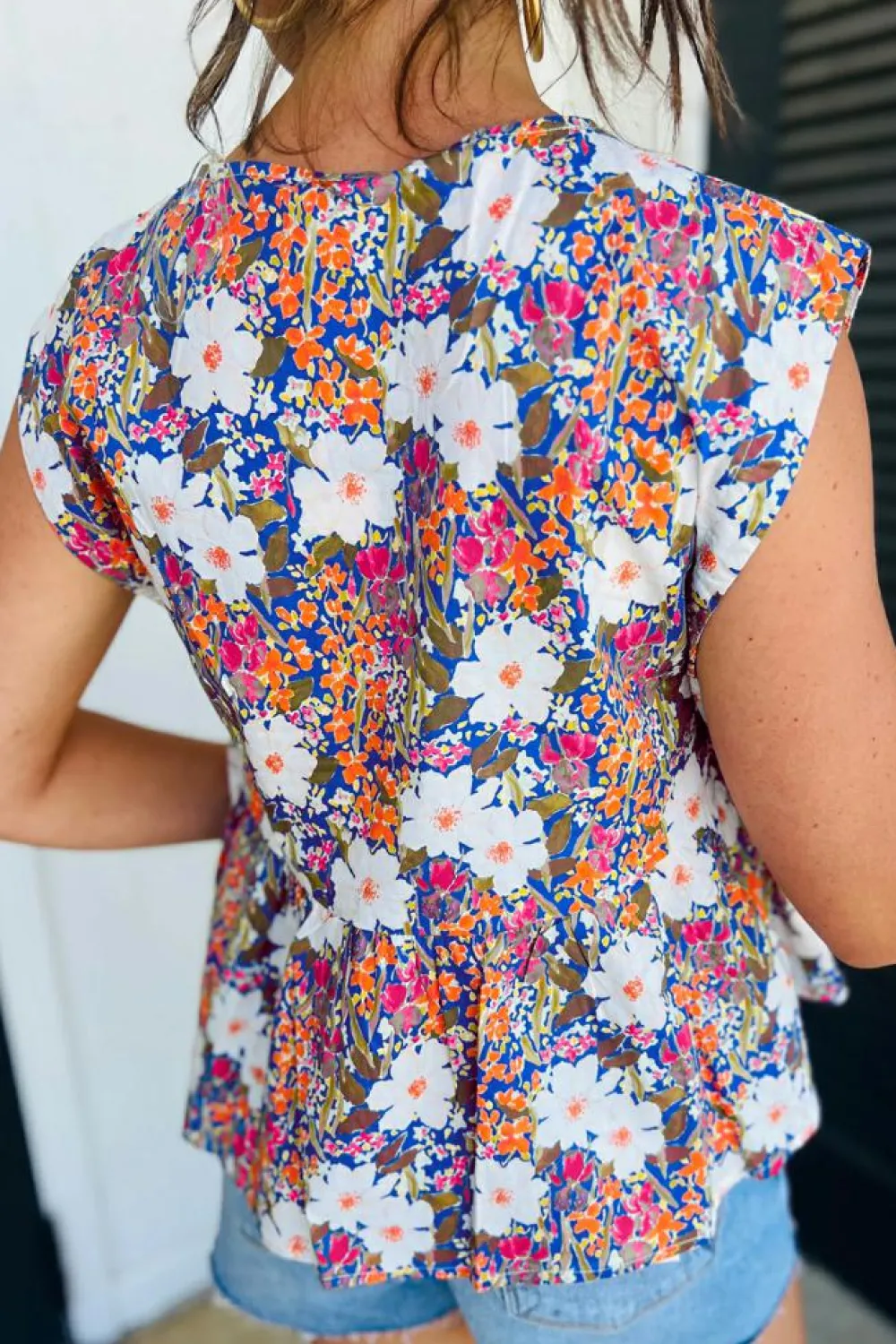 Best Dear-Lover Green Floral Print Bow Applique Slit Sleeveless Peplum Blouse Rose