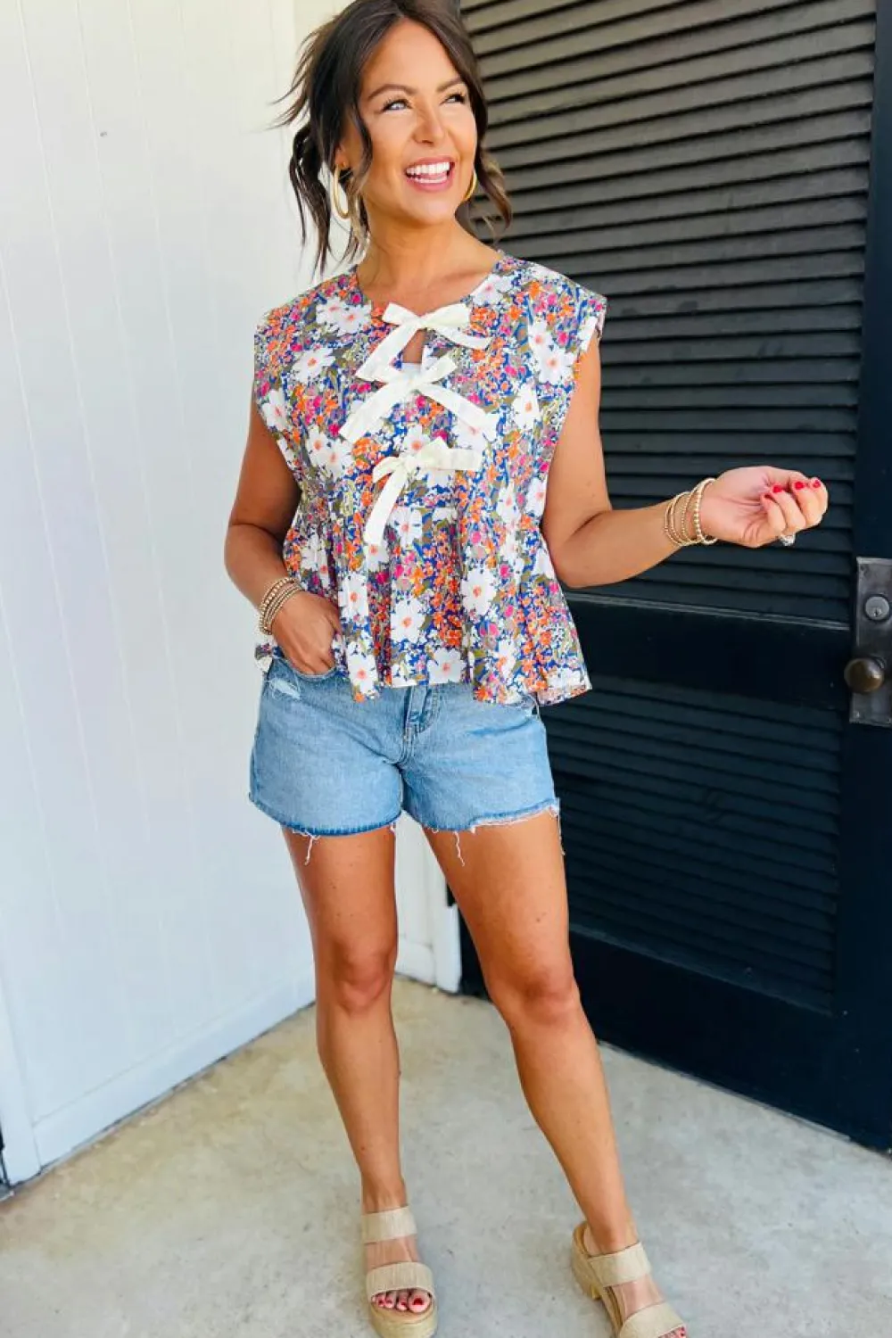 Best Dear-Lover Green Floral Print Bow Applique Slit Sleeveless Peplum Blouse Rose