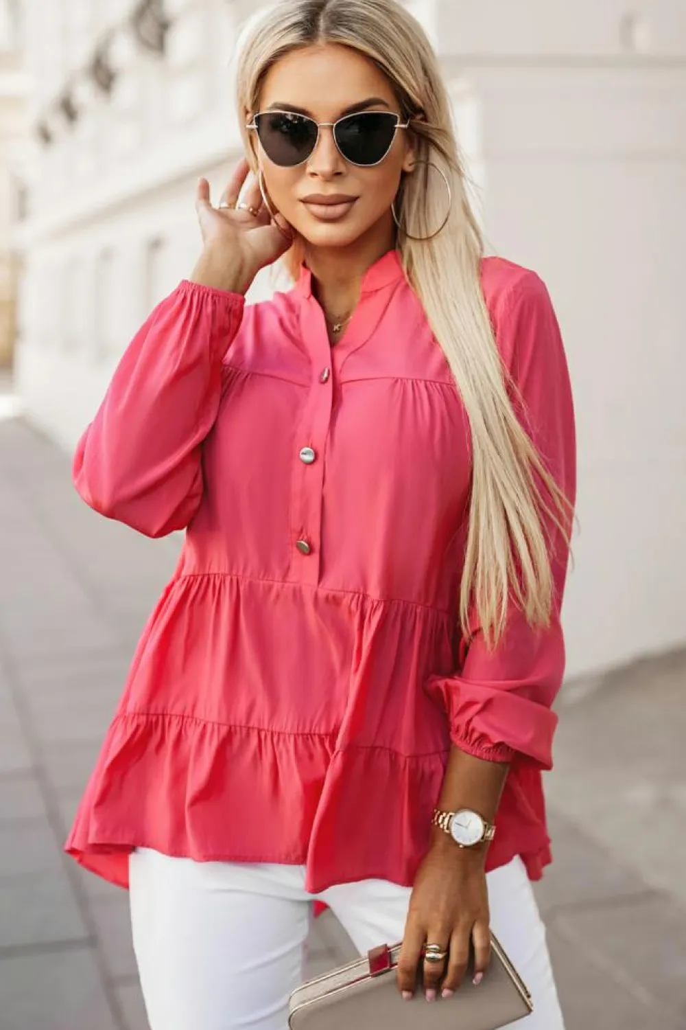 Online Dear-Lover Half Buttoned Ruffle Tiered Long Sleeve Blouse Rose