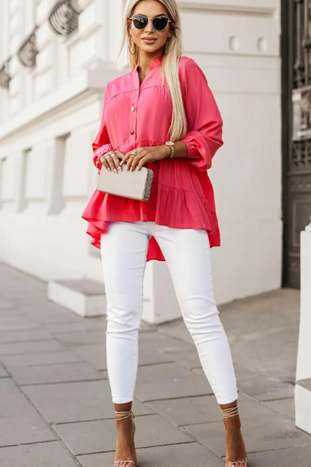 Online Dear-Lover Half Buttoned Ruffle Tiered Long Sleeve Blouse Rose