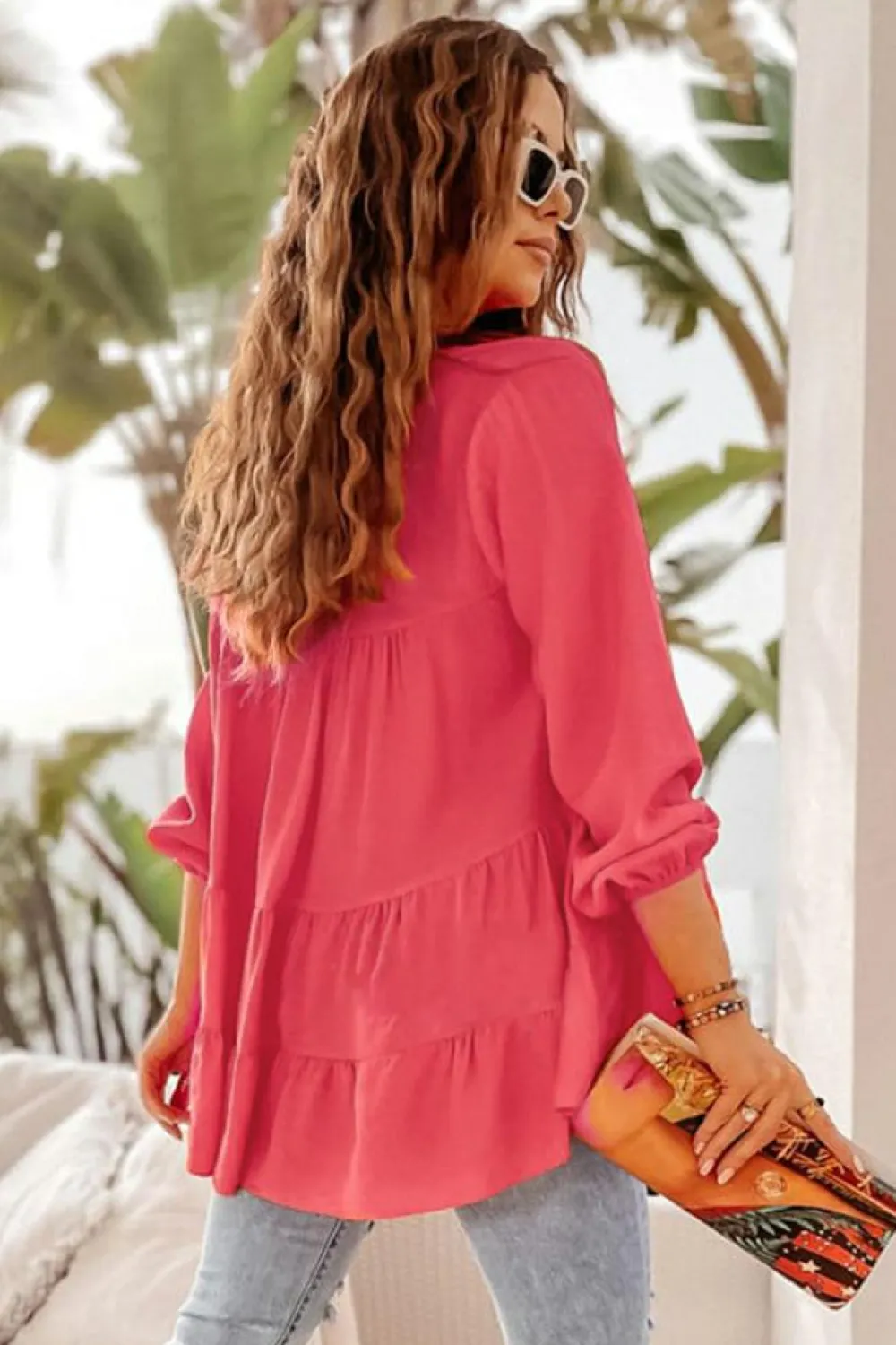 Online Dear-Lover Half Buttoned Ruffle Tiered Long Sleeve Blouse Rose