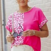 Online Dear-Lover Half Leopard Patchwork Short Sleeves Top Rose