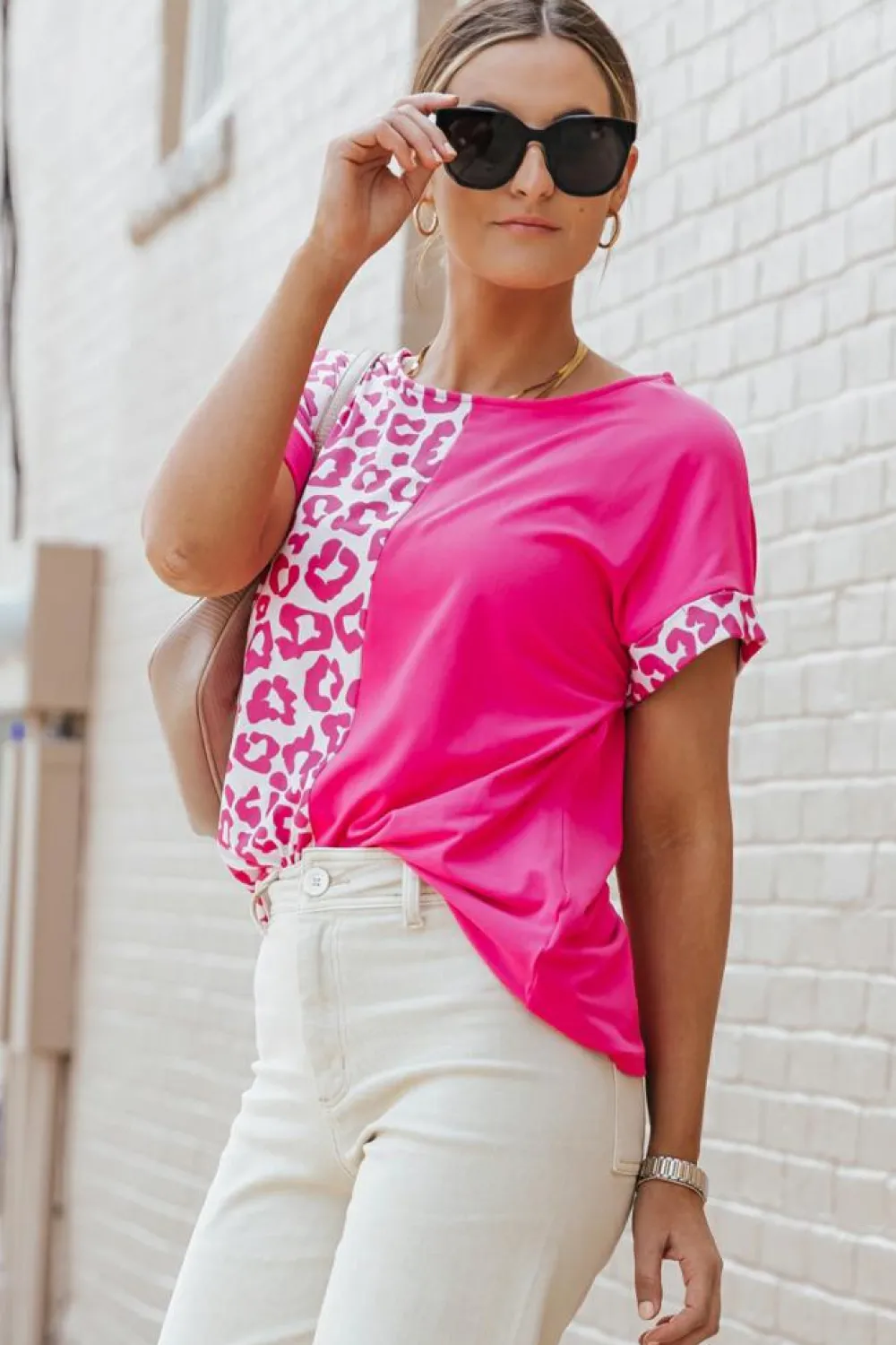 Online Dear-Lover Half Leopard Patchwork Short Sleeves Top Rose
