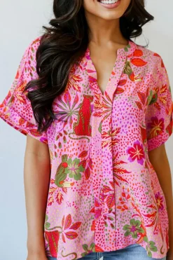 Clearance Dear-Lover Jungle Floral Print Notch V Neck Blouse Rose