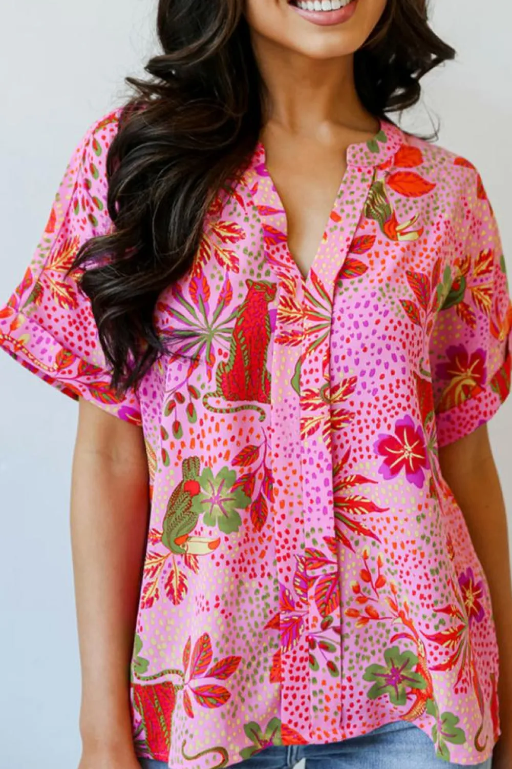 Clearance Dear-Lover Jungle Floral Print Notch V Neck Blouse Rose
