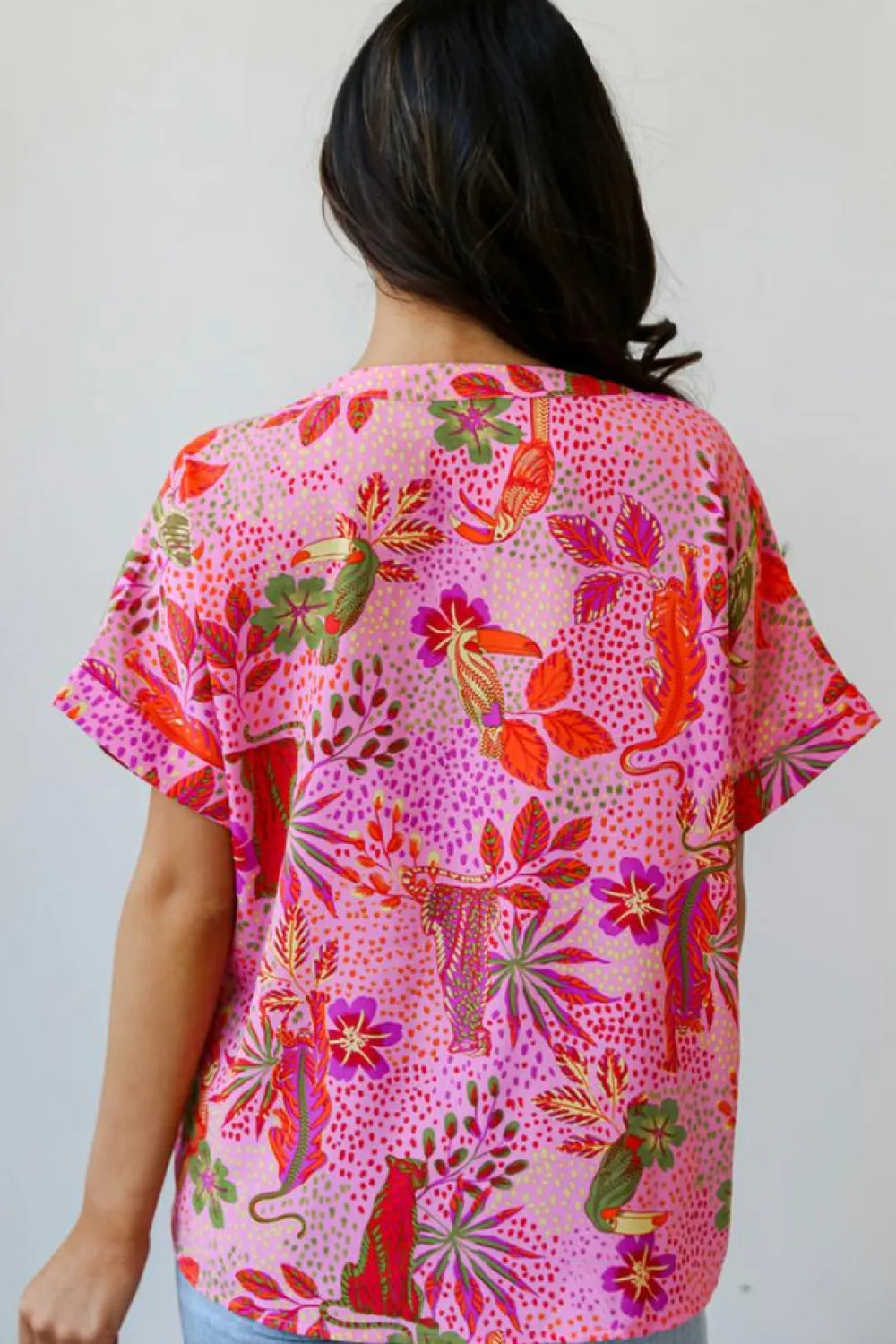 Clearance Dear-Lover Jungle Floral Print Notch V Neck Blouse Rose