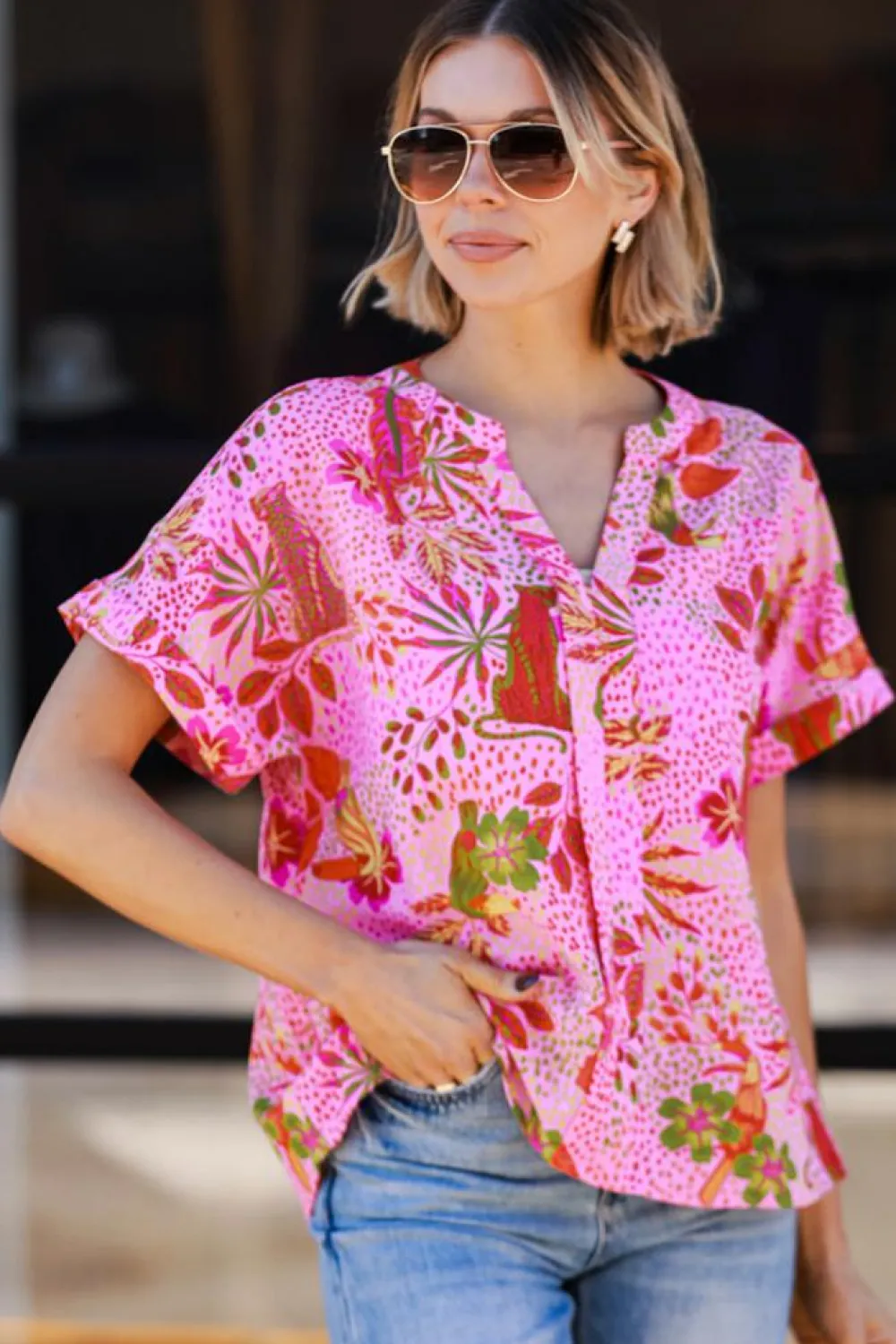 Clearance Dear-Lover Jungle Floral Print Notch V Neck Blouse Rose