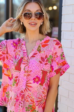 Clearance Dear-Lover Jungle Floral Print Notch V Neck Blouse Rose